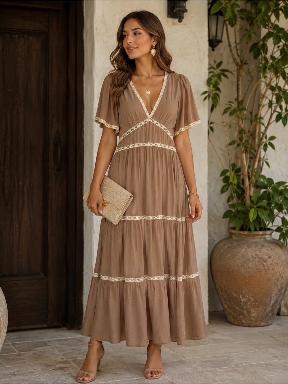 Maxi Dress with Lace Trim Beautiful detail on the backElegant taupe maxi dress